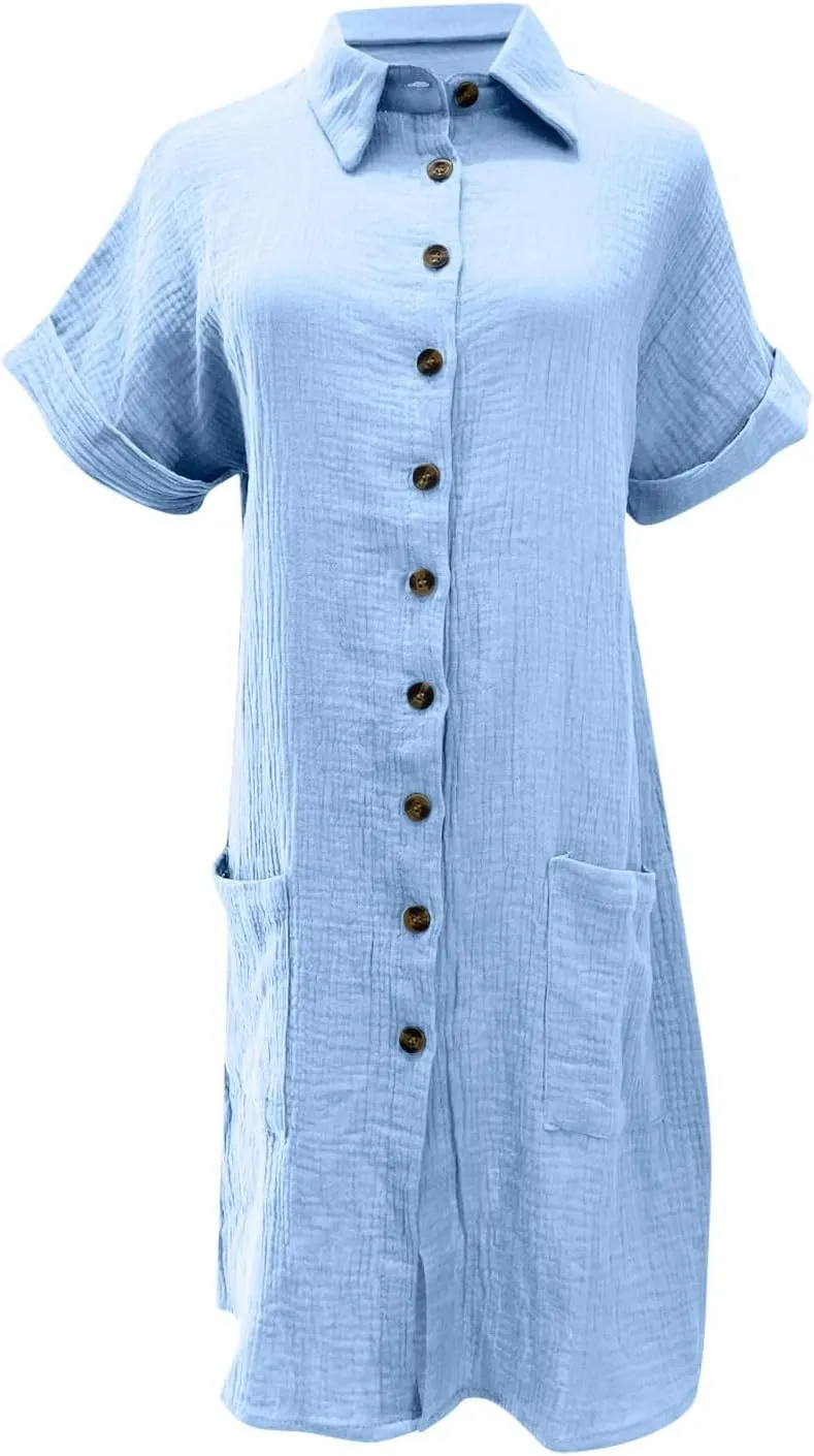 Women's Summer Cotton Shirt Dress Short Sleeves Button Down Knee Length Dresses Casual Loose Mini Dress with Pockets