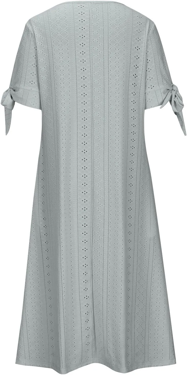 Women's Summer Eyelet Midi Dress Button V Neck Short Sleeve Dresses Solid Flowy Floral Boho Beach Long Sundress