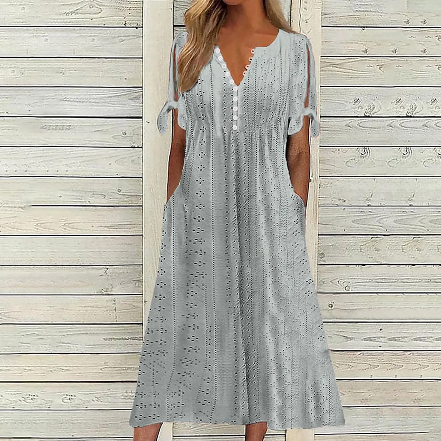 Women's Summer Eyelet Midi Dress Button V Neck Short Sleeve Dresses Solid Flowy Floral Boho Beach Long Sundress