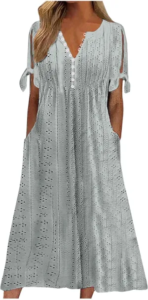 Women's Summer Eyelet Midi Dress Button V Neck Short Sleeve Dresses Solid Flowy Floral Boho Beach Long Sundress