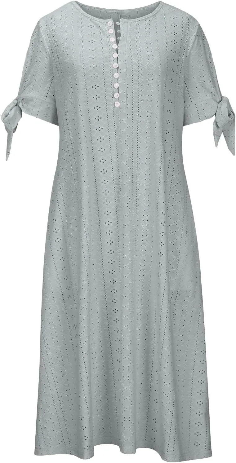 Women's Summer Eyelet Midi Dress Button V Neck Short Sleeve Dresses Solid Flowy Floral Boho Beach Long Sundress