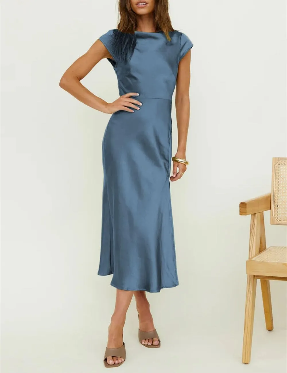 Women's Summer Satin Elegance Backless Twist Cap Sleeves Midi Dress 2025 Sexy Cowl Neck Slit Cocktail Wedding Guest Dresses