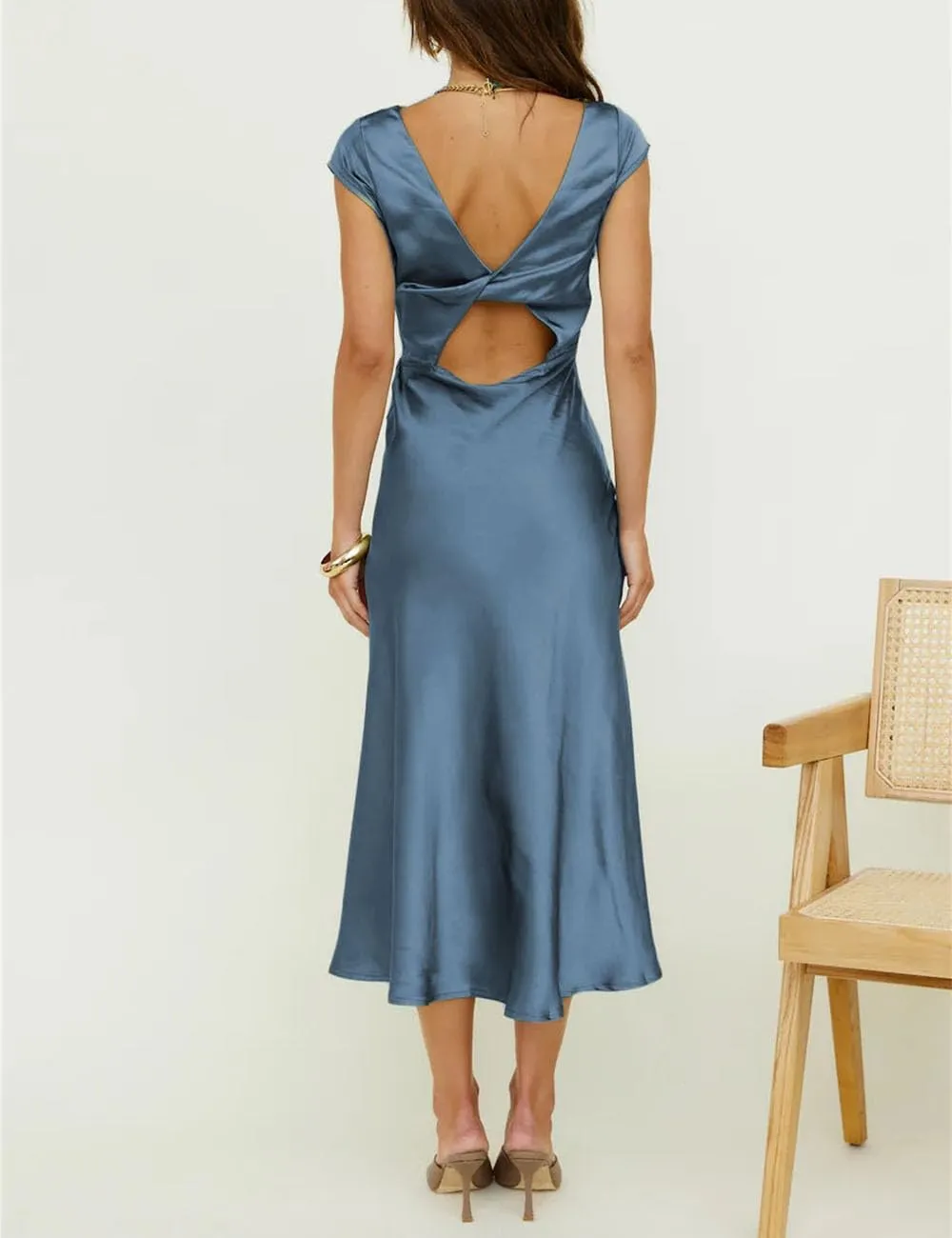 Women's Summer Satin Elegance Backless Twist Cap Sleeves Midi Dress 2025 Sexy Cowl Neck Slit Cocktail Wedding Guest Dresses