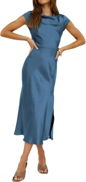 Women's Summer Satin Elegance Backless Twist Cap Sleeves Midi Dress 2025 Sexy Cowl Neck Slit Cocktail Wedding Guest Dresses