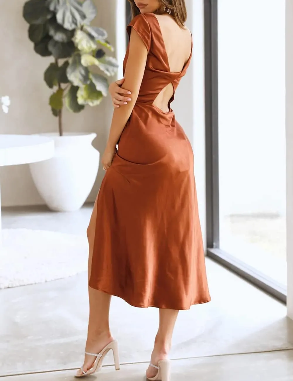 Women's Summer Satin Elegance Backless Twist Cap Sleeves Midi Dress 2025 Sexy Cowl Neck Slit Cocktail Wedding Guest Dresses