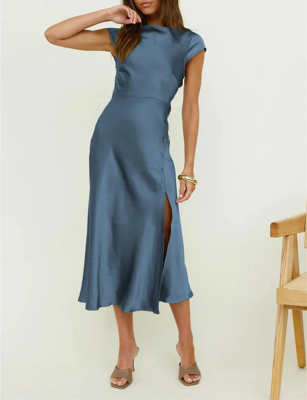 Women's Summer Satin Elegance Backless Twist Cap Sleeves Midi Dress 2025 Sexy Cowl Neck Slit Cocktail Wedding Guest Dresses