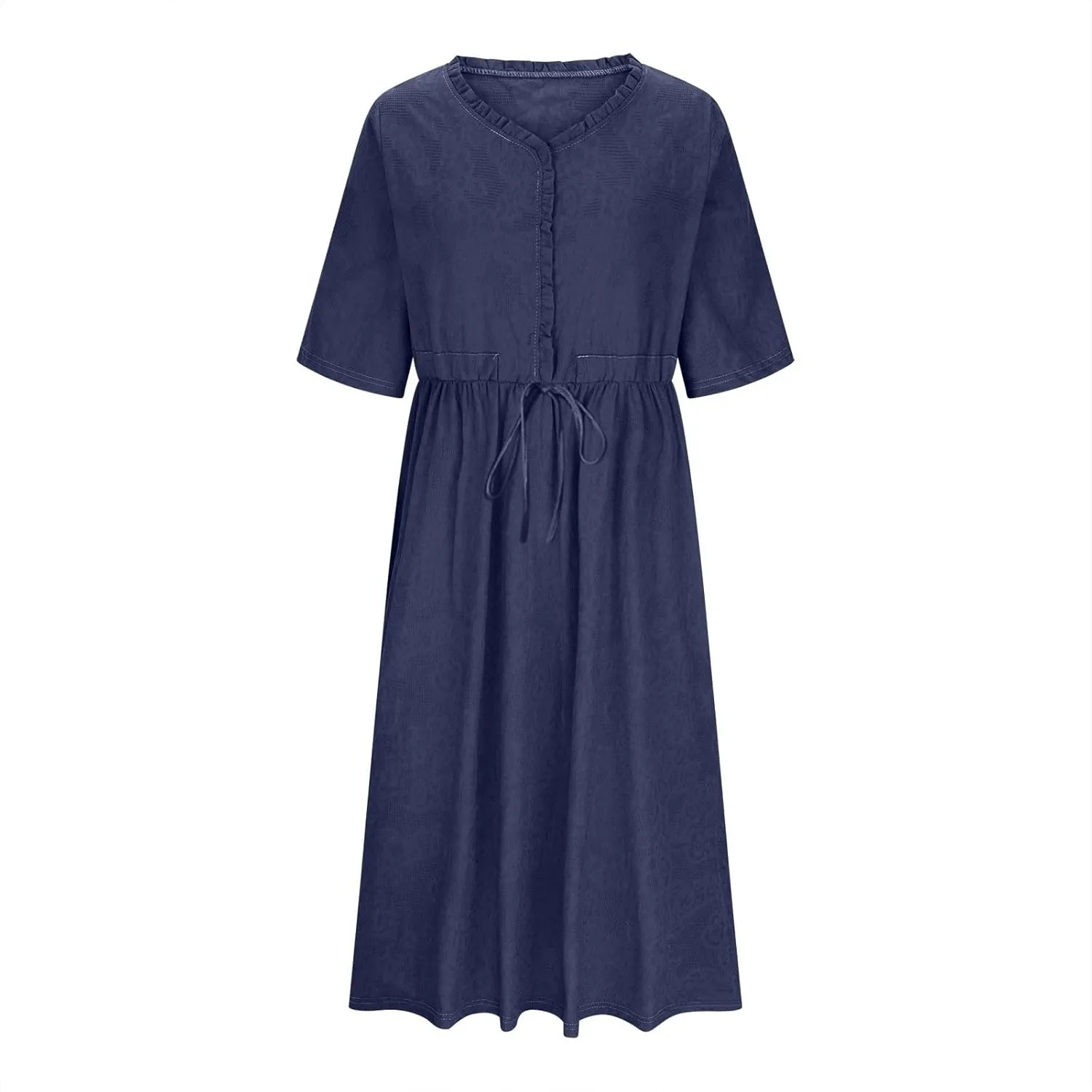Womens Summer Trendy Textured Midi Dresses Casual Elbow Length Sleeve V Neck Drawstring Waist Pleated Flowy Boho Dress