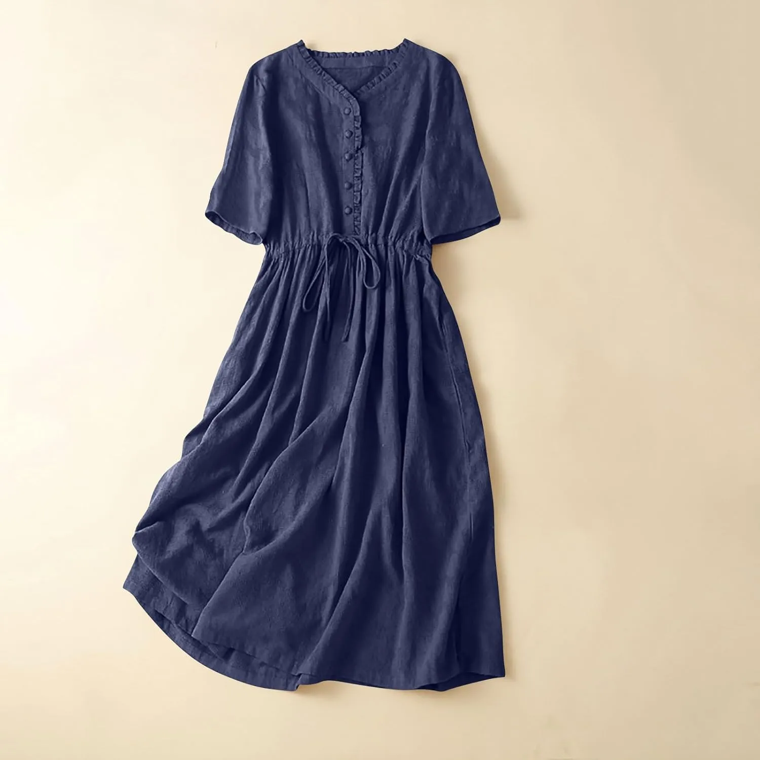 Womens Summer Trendy Textured Midi Dresses Casual Elbow Length Sleeve V Neck Drawstring Waist Pleated Flowy Boho Dress