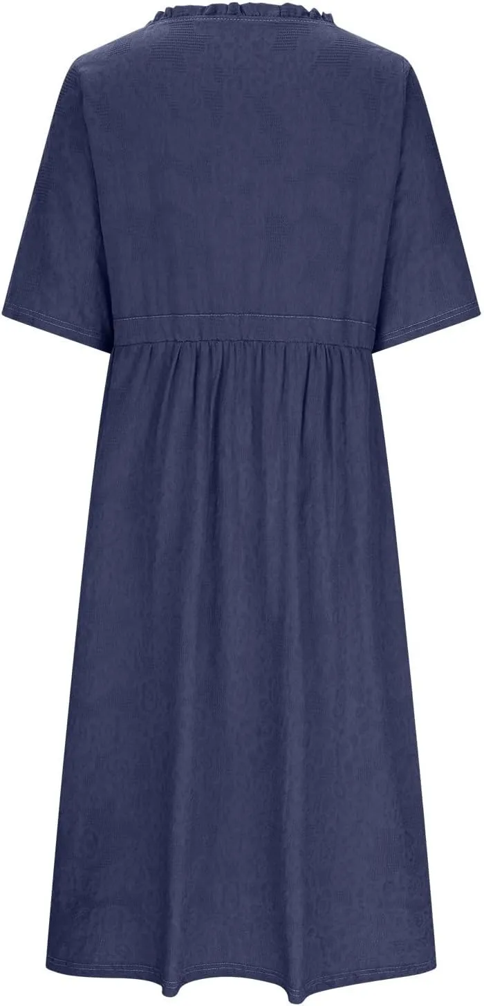 Womens Summer Trendy Textured Midi Dresses Casual Elbow Length Sleeve V Neck Drawstring Waist Pleated Flowy Boho Dress