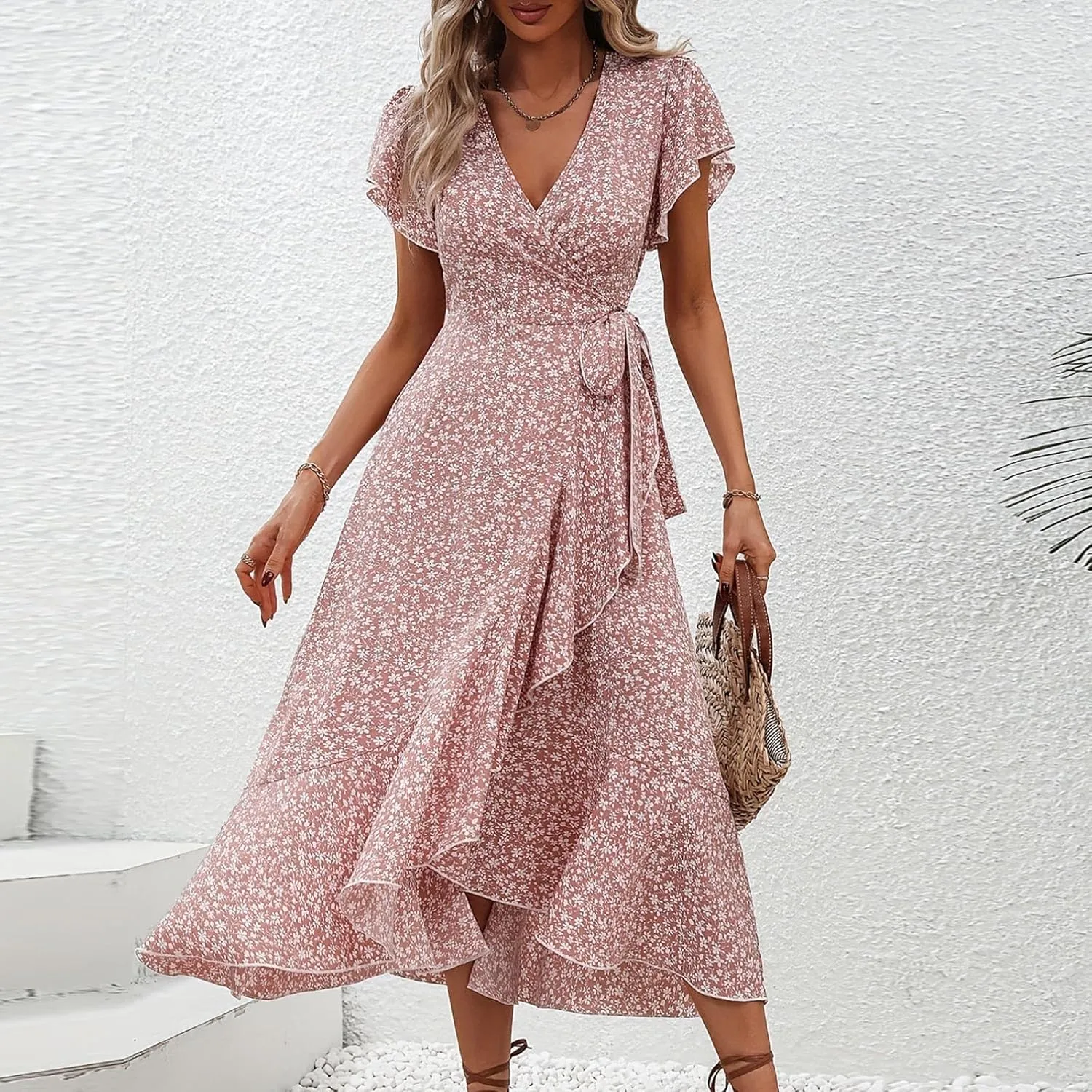 Wrap Dress for Women V Neck Flutter Sleeve Ruffle Floral Maxi Dress Casual Summer Flowy Boho Garden Party Dresses
