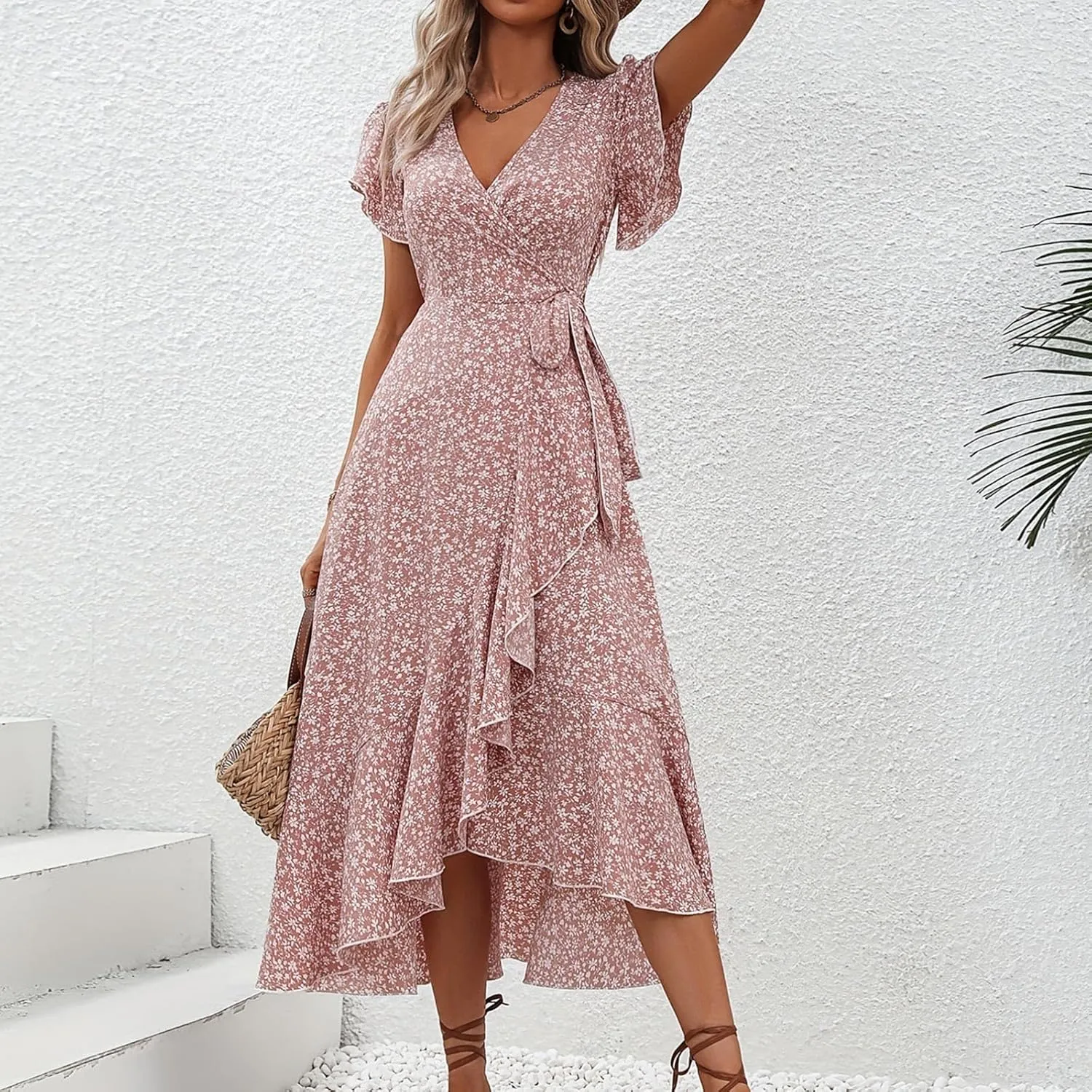 Wrap Dress for Women V Neck Flutter Sleeve Ruffle Floral Maxi Dress Casual Summer Flowy Boho Garden Party Dresses