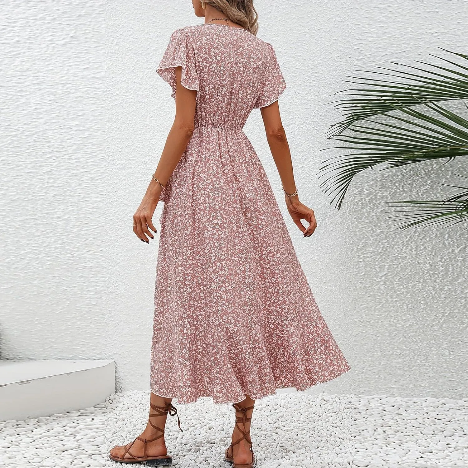 Wrap Dress for Women V Neck Flutter Sleeve Ruffle Floral Maxi Dress Casual Summer Flowy Boho Garden Party Dresses