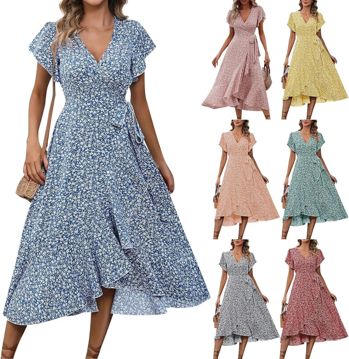 Wrap Dress for Women V Neck Flutter Sleeve Ruffle Floral Maxi Dress Casual Summer Flowy Boho Garden Party Dresses